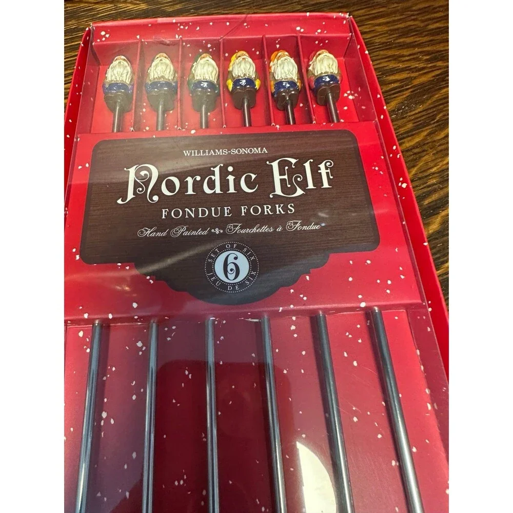 Williams Sonoma Nordic Elf Fondue Forks Set of 6 Stainless Holiday Christmas NIB